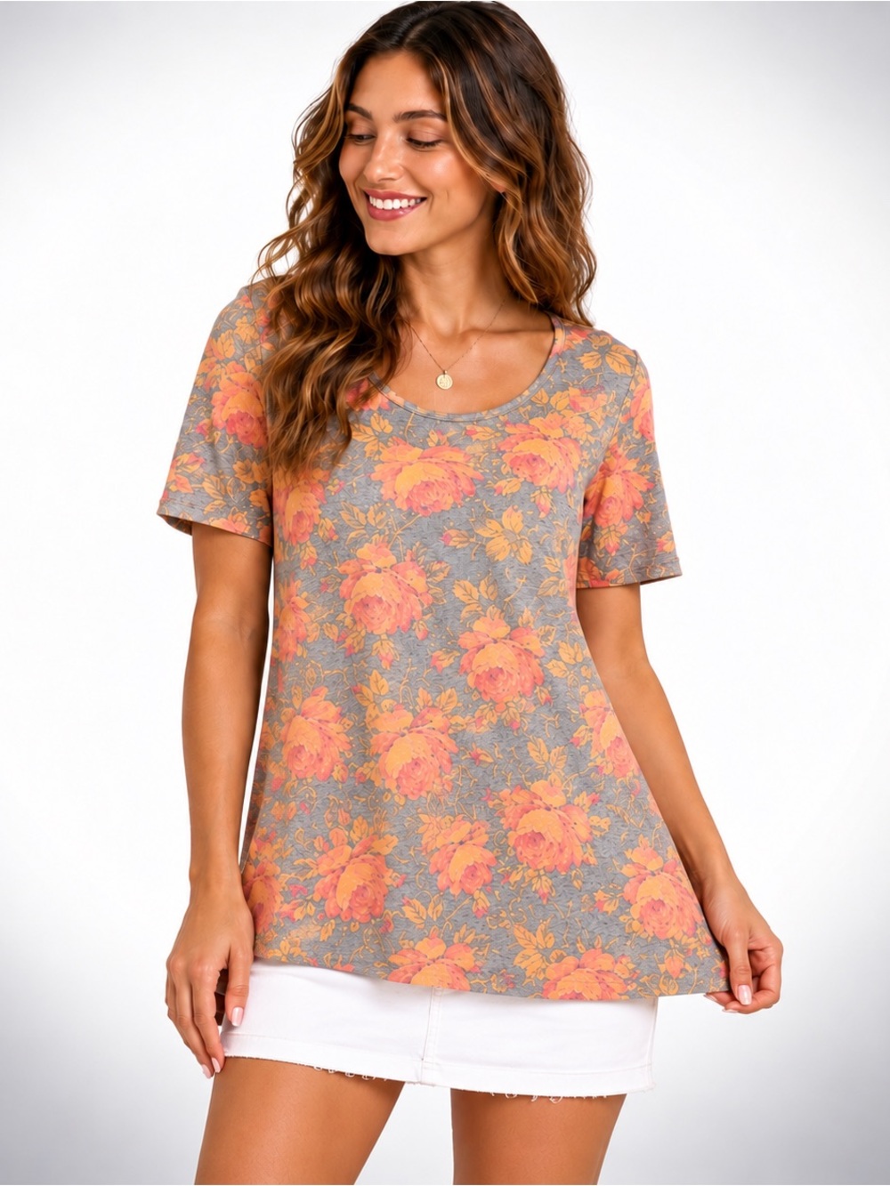 Lularoe Floral Swing Tunic Top XXS Gray Pink Orange bump friendly